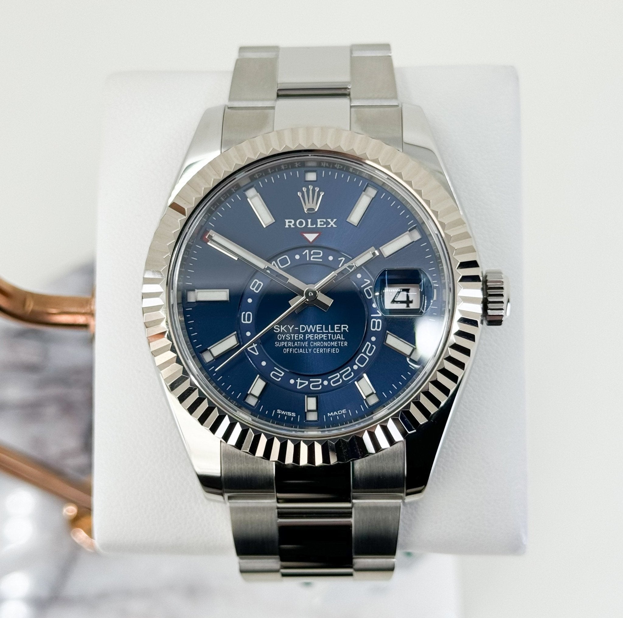 Rolex Sky-Dweller Stainless Steel Blue Index Dial Fluted White Gold Bezel Oyster Bracelet 326934 - Luxury Time NYC